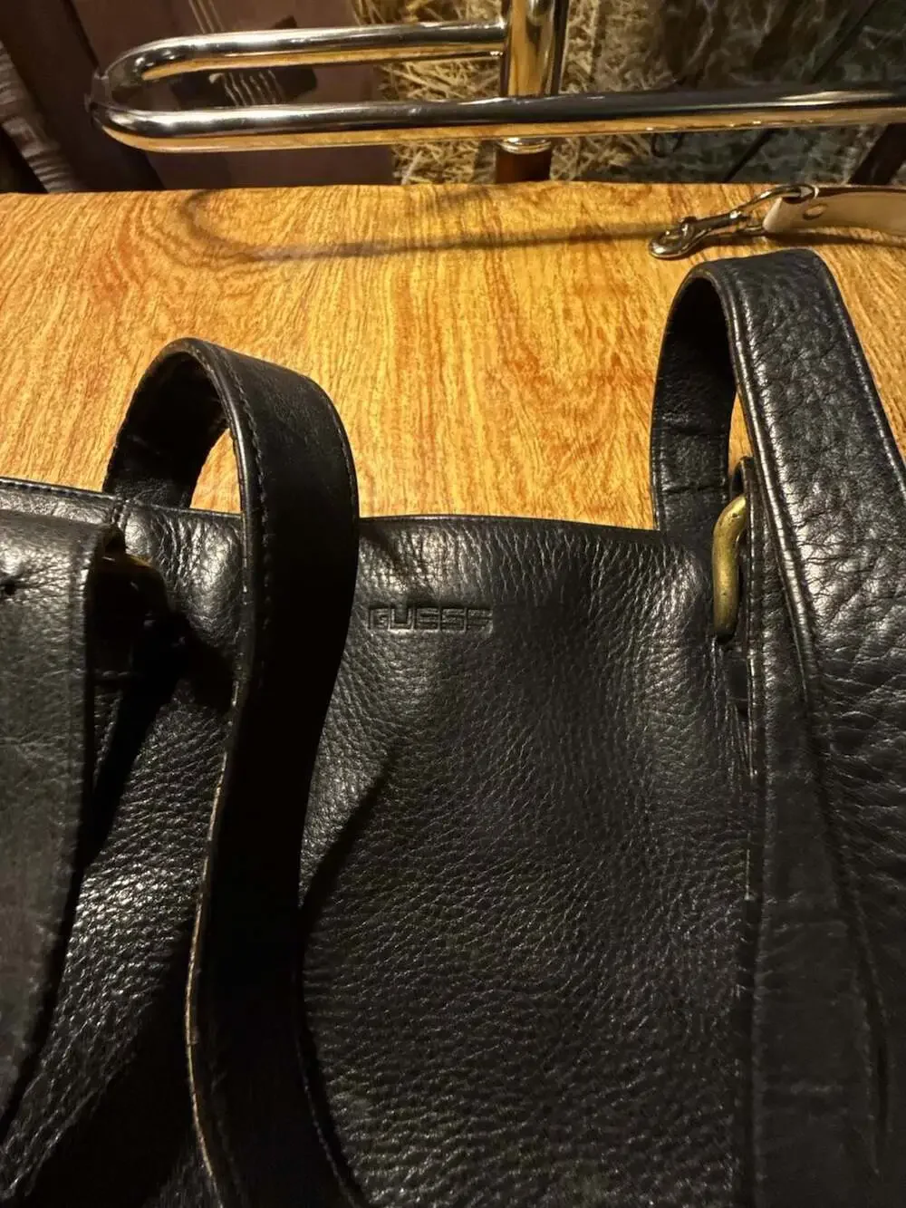 Vintage Guess Black Pebbled Leather Hobo Shoulder Bag with V-Logo Detail